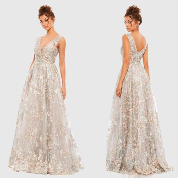 New Mac Duggal Sz 12 pink flower floral glitter Embroidered Illusion V-Neck Gown - Picture 1 of 11